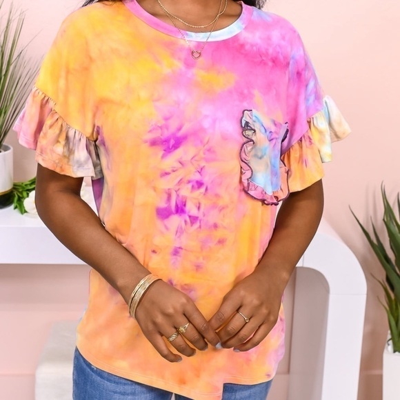 Tye Die Dolman Ruffle Knit Top with Pocket - Picture 3 of 6